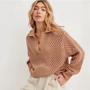 AERIE Open Knit Polo Sweater Oversized Brown Tan Neutral Beachy Coastal Size XS